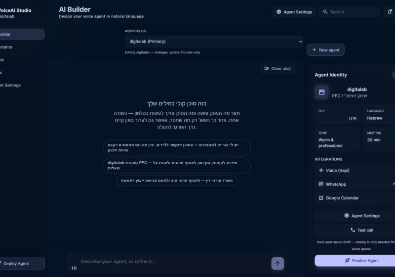 מסך AI Builder של VoiceAI Studio