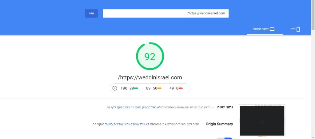 ציון PageSpeed 92 של WeddinIsrael